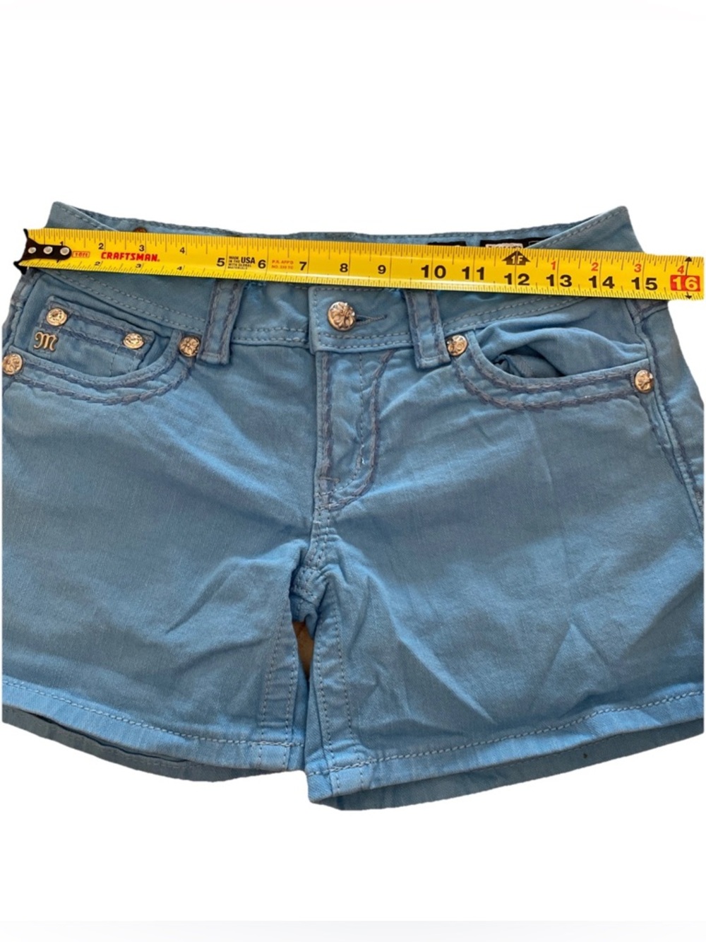 Miss Me Jeans Shorts 27, JS5014H53 Washed Sky Blue Low Rise Studded Crystals Y2K - Picture 6 of 13